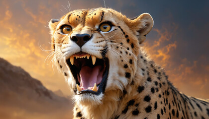 Fantasy Illustration of a wild animal cheetah. Digital art style wallpaper background.