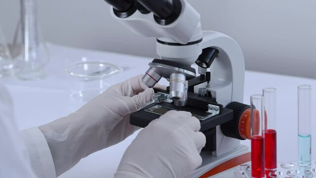 Scientist researching blood sample under microscope in laboratory. Doctor putting glass slide with blood sample under microscope. HIV blood test.
