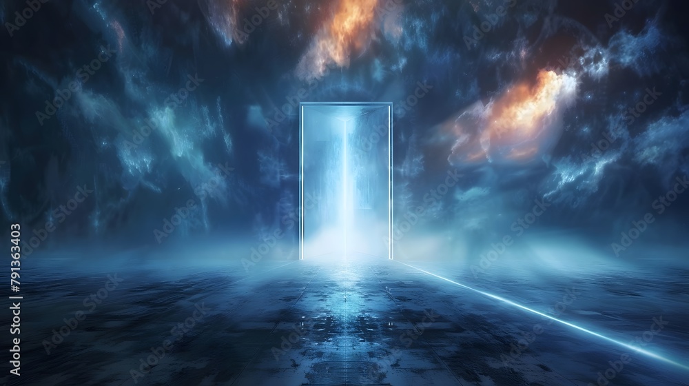 Poster abstract door in tunnel with digital data center light signals. future computer technology concept o