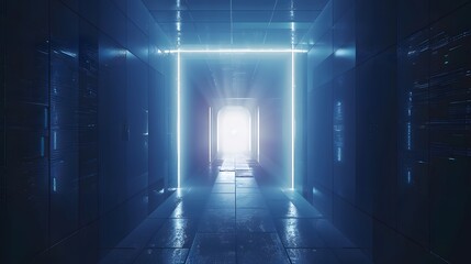Abstract door in tunnel with digital data center light signals. Future computer technology concept...