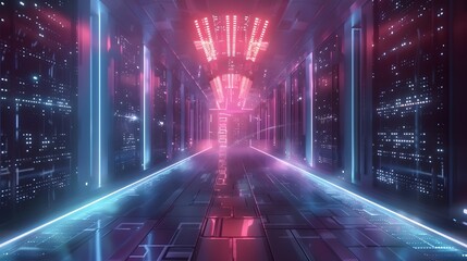 Abstract door in tunnel with digital data center light signals. Future computer technology concept of cyber gate in cyberspace or metaverse. Fantasy cyber door or portal in data center. Tech banner.