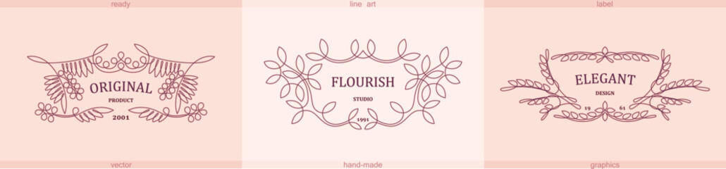 Three unique emblems with floral decoration in vintage Victorian style. Elegant floral frame in line art style. Vector template