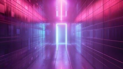 Abstract door in tunnel with digital data center light signals. Future computer technology concept...