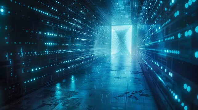 Abstract door in tunnel with digital data center light signals. Future computer technology concept of cyber gate in cyberspace or metaverse. Fantasy cyber door or portal in data center. Tech banner.