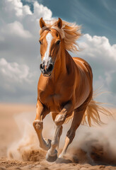 Beautiful red horse runs forward on the sand in the dust on the sky background