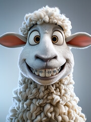 A cute sheep with braces on its teeth against a white background