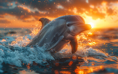 Beautiful dolphin jumping out of the water at sunset