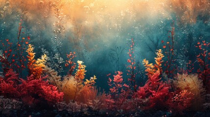 An underwater paradise unfolds with a vivid coral reef basking in the sunlight that filters through the ocean's surface, teeming with marine life. Underwater botanical scene with seaweed - obrazy, fototapety, plakaty