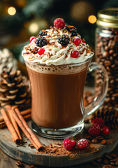 Hot chocolate with whipped cream cinnamon and mix of berries