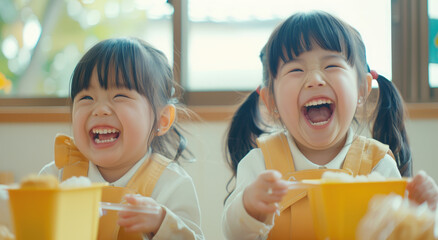 cute Japanese girls eating lunch in the school cafeteria, laughing and smiling with each other,...