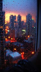 Glimpse of city lights through rain-splattered window, offering a mesmerizing and calming view