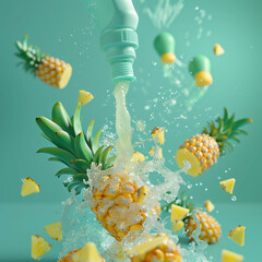 Blue bottle from which water, juice flows, everywhere are yellow pineapples, water splashes, the background is blue - obrazy, fototapety, plakaty
