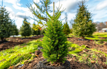 Young fir tree is seen growing in garden with other trees and grass in the background.