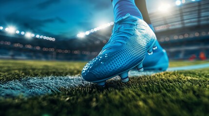 Close up of a soccer player's foot in a blue shoe on a football stadium field background with copy...