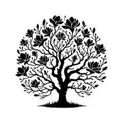 Black Vector Magnolia Tree Silhouette, Nature's Elegance Flourishing Under Moon's Glow- Magnolia Tree Illustration- Magnolia Tree Vector Stock. © Wolfe 