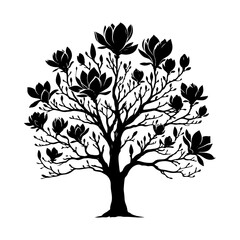 Black Vector Magnolia Tree Silhouette, Nature's Elegance Flourishing Under Moon's Glow- Magnolia Tree Illustration- Magnolia Tree Vector Stock.