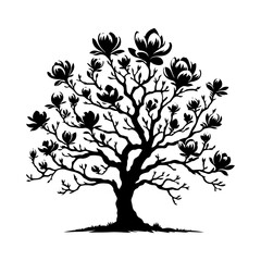 Black Vector Magnolia Tree Silhouette, Nature's Elegance Flourishing Under Moon's Glow- Magnolia Tree Illustration- Magnolia Tree Vector Stock. © Wolfe 