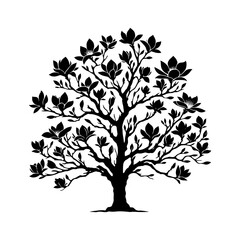 Obraz premium Black Vector Magnolia Tree Silhouette, Nature's Elegance Flourishing Under Moon's Glow- Magnolia Tree Illustration- Magnolia Tree Vector Stock.