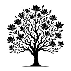 Obraz premium Black Vector Magnolia Tree Silhouette, Nature's Elegance Flourishing Under Moon's Glow- Magnolia Tree Illustration- Magnolia Tree Vector Stock.