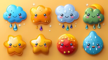 A series of cute weather-themed stickers, displayed on a solid yellow background, evoking different seasons and atmospheric elements in high-definition realism.