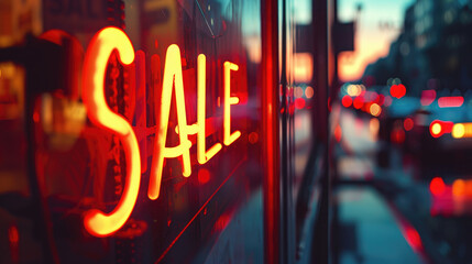 Close up of the text "SALE" on neon sign in window, red and yellow glowing lights, sunset lighting, cinematic shot, city street