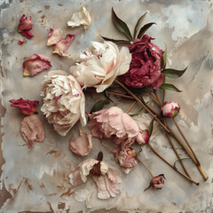 decayed peonies and petals in pastel background, mother's day, love, I miss you, wedding flower