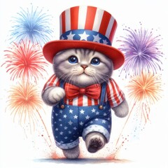 Scottish Fold Cat Patriotic with American Flag. Watercolor 4th July Memorial Day Clip Art. Celebration USA (United State) Independence Day Art Cute Cartoon Character