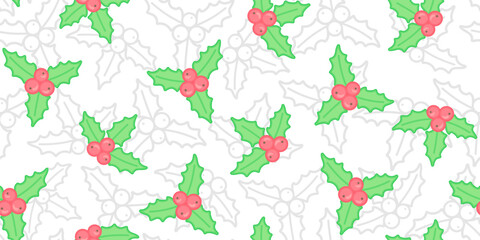 Mistletoe and Christmas Holly berries on a white background with gray mistletoe outline. New Year endless texture. Vector seamless pattern for festive design, banner, wrapping paper, giftwrap or print