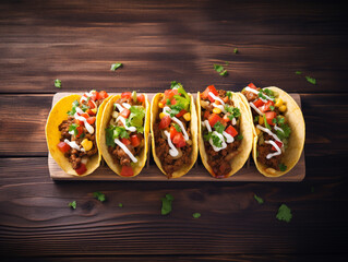 Mexican food tacos on rustic wooden table. Background good daylight lighting. 