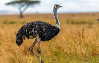 Lone male ostrich walks through the tall grass of the savannah