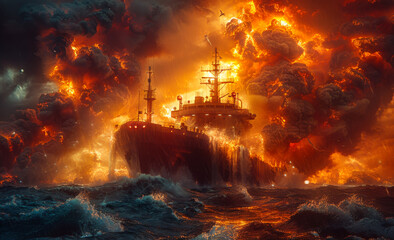 Fototapeta premium Large battleship in flames and huge explosion in the sea