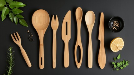 Blank mockup of a set of bamboo cooking utensils perfect for ecofriendly and sustainable cooking. .