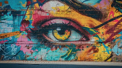 A striking graffiti mural captures the essence of urban art with a bold depiction of colorful,...