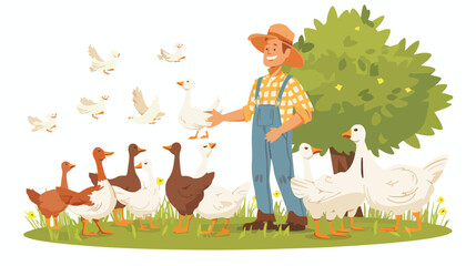 Young farmer with geese on farm. Man and domestic bir
