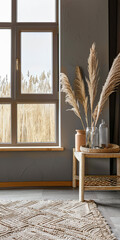 Boho minimalist composition in grey and wood tones. Interiors with natural window light.