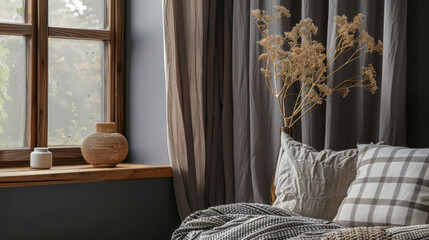 Boho minimalist composition in grey and wood tones. Interiors with natural window light.