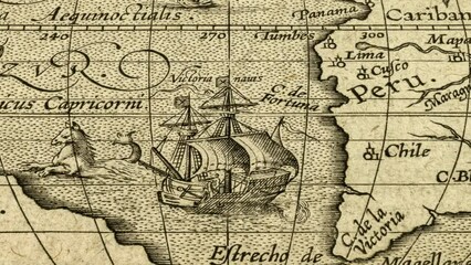 Old Map of Magellan Strait and Mythical Sea Creature. 16th Century South American Coast and Capricorn