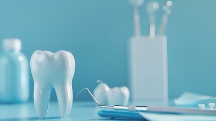 close-up of a model of white teeth on a blue background with toothbrushes for cleaning and medical instruments for examination in dentistry