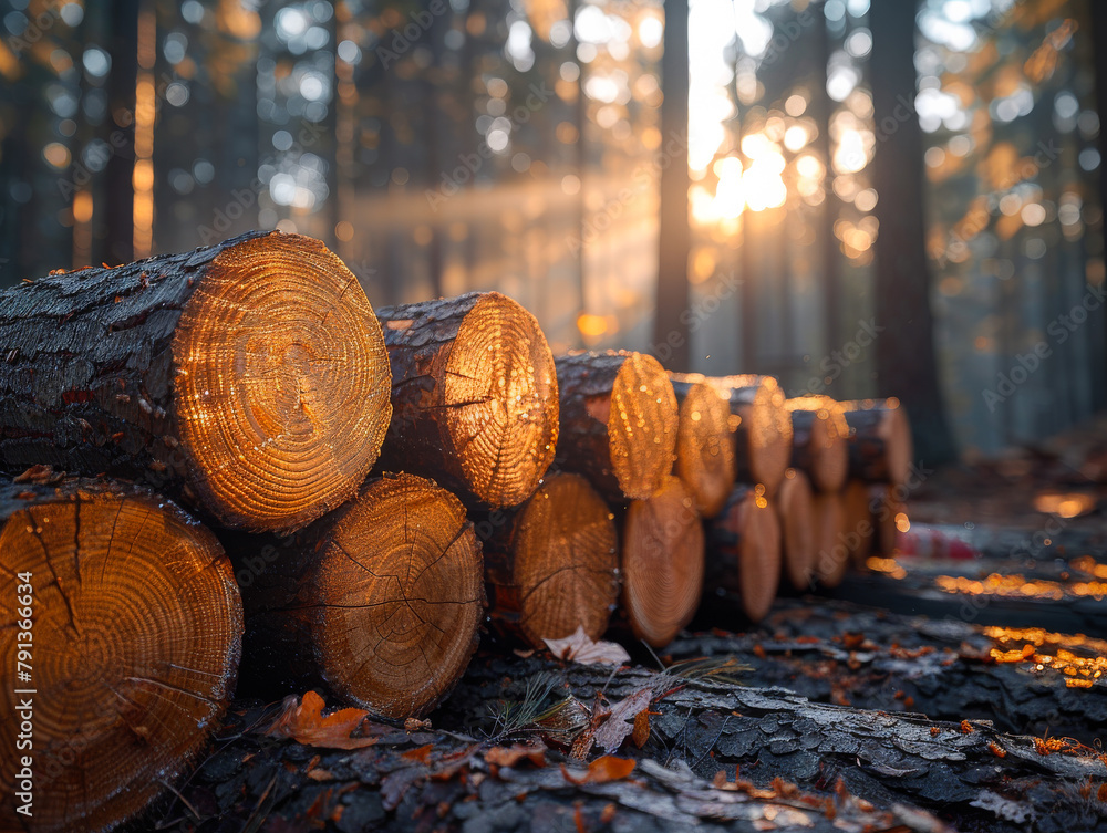 Poster logs in the forest. a stack of cut trees in the forest
