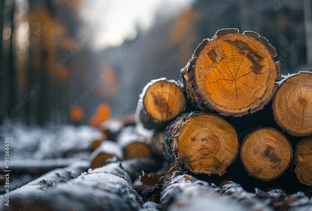 Poster logs in the forest. a stack of cut trees in the forest