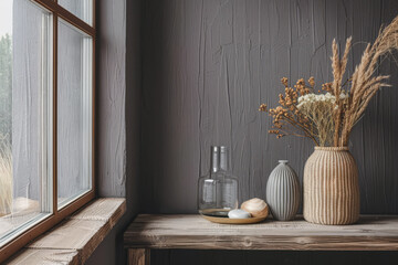Boho minimalist composition in grey and wood tones. Interiors with natural window light.