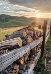 Wooden fence and pile of firewood at sunset