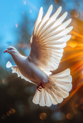 Obraz premium White dove. A white pigeon flies in the rays of light