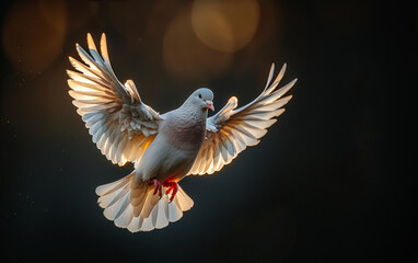 Obraz premium White dove. A white pigeon flies on the background of bokeh