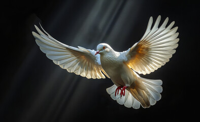 Fototapeta premium White dove. A free flying white dove isolated on black background