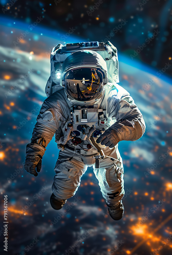 Poster astronaut in outer space against the backdrop of the planet earth.