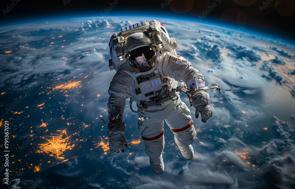 Poster astronaut in outer space against the backdrop of the planet earth.