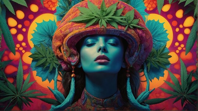 Portrait of a girl in cannabis leaves.