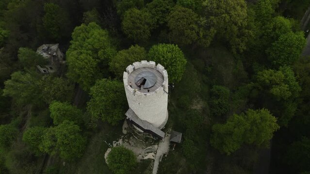 Drone dolley tilt view of viewpoint on the historical Kazimierz Dolny castle tower 