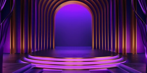 Luxury abstract purple and golden 3d render podium product displays background.